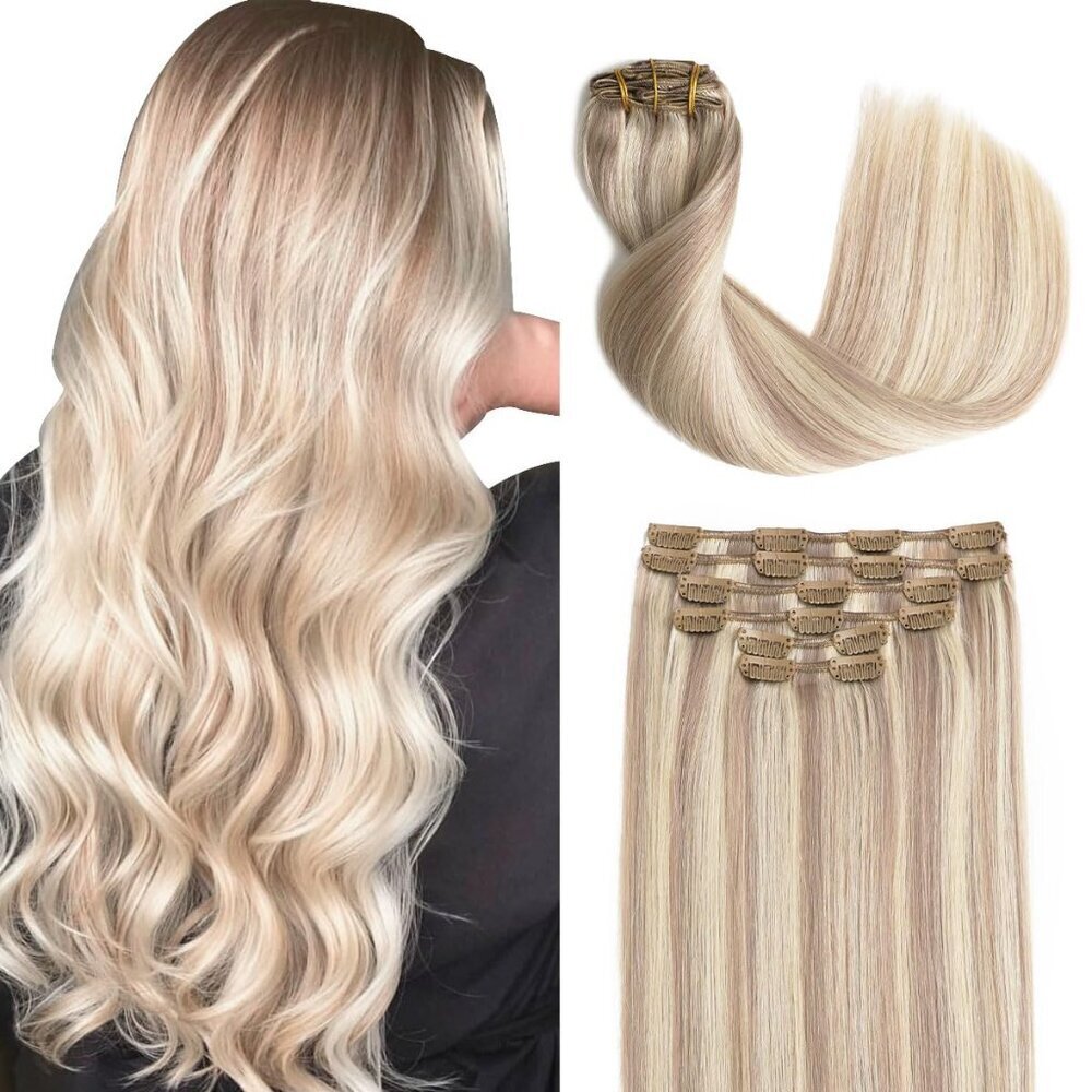 Human Hair Clip Ins 14Inch Ash Blonde Highlight Bleach Blonde Remy Woman